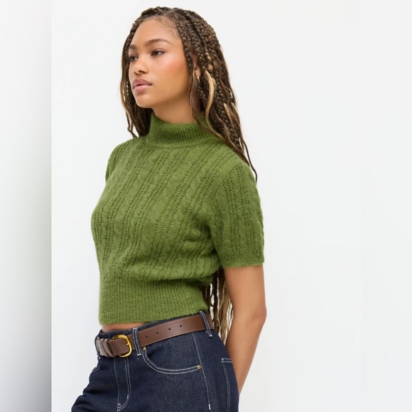 Cider | Women’s Olive Green Short Sleeve Cable Knit Mock Neck Sweater Size 0XL - Picture 16 of 16